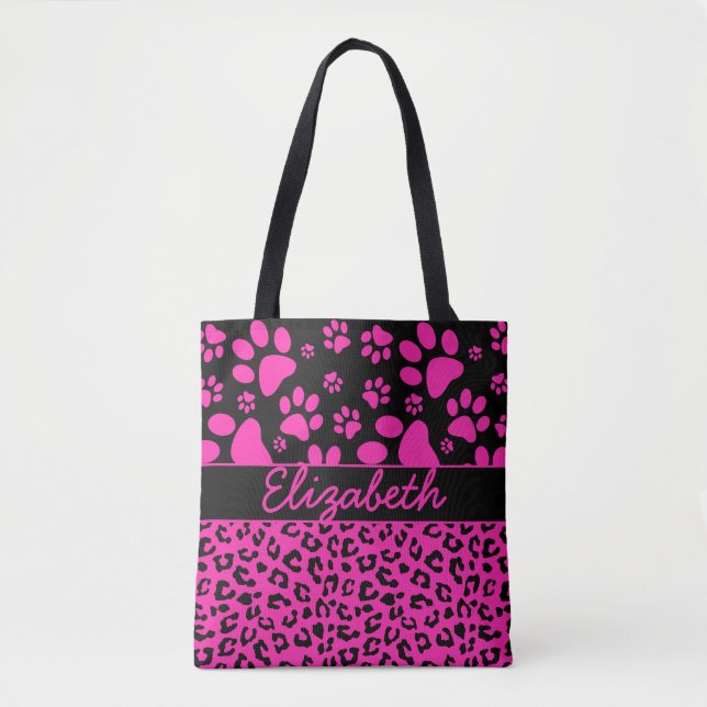 Pink and Black Leopard Print and Paws Personalised Tote Bag (Front)
