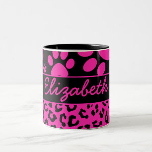 Pink and Black Leopard Print and Paws Personalised Two-Tone Coffee Mug