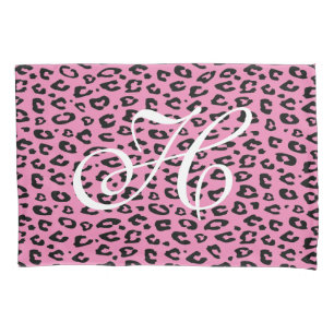 Pink and black leopard print monogram pillowcase