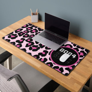 Pink and Black Leopard Print Pattern Desk Mat
