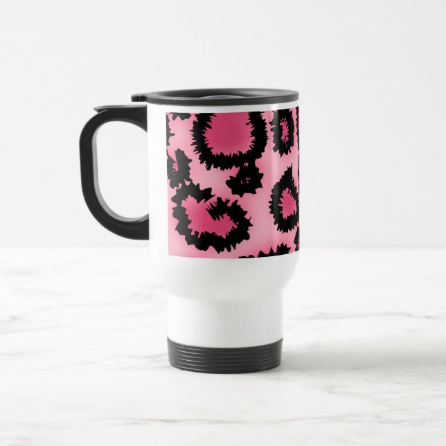 Pink and Black Leopard Print Pattern. Travel Mug (Left)