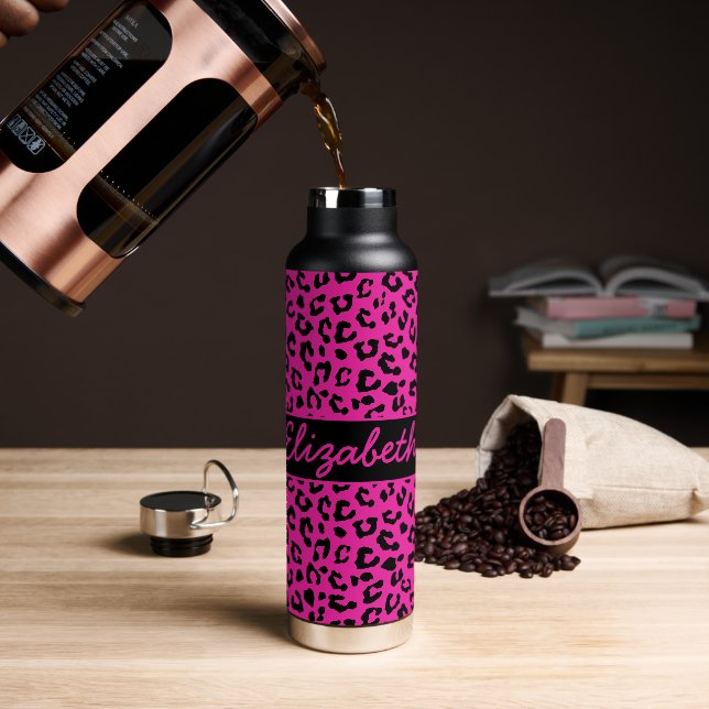 Pink and Black Leopard Print Personalised Water Bottle (Coffee)