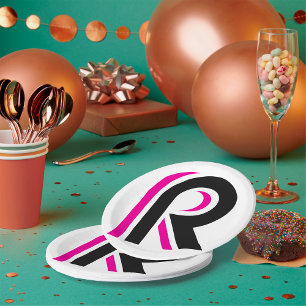 Pink And Black Letter R Paper Plate
