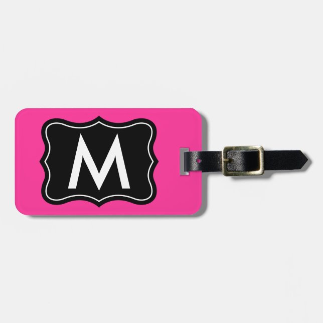 Pink and black luggage tag | Personalise monogram (Front Horizontal)
