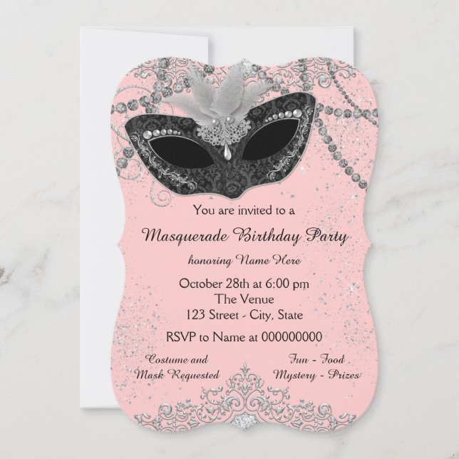 Pink and Black Masquerade Party Invitation (Front)