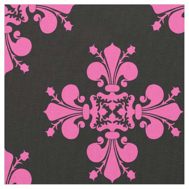 Pink and black mediaeval Fleur de lis cross patter Fabric (Close Up)