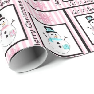 Pink and Black Merry Christmas Snowman Gift Wrap