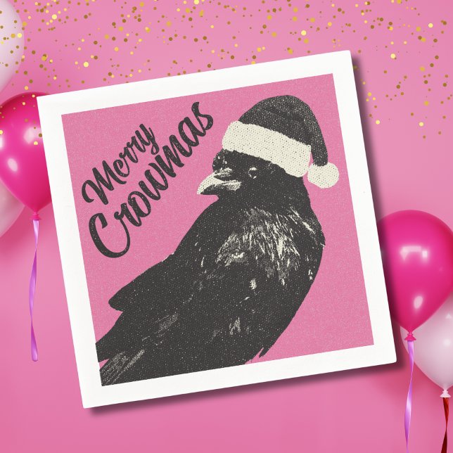 Pink and Black Merry Crowmas Christmas Holiday  Napkin (Fun Merry Crowmas pink and black crow Christmas party cocktail napkins will make guests smile. )