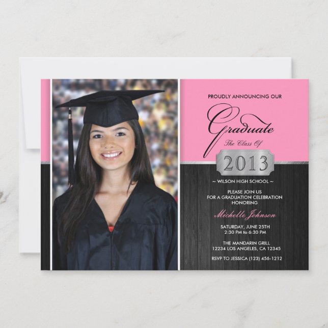 Pink and Black Modern Graduation Announcement (Front)