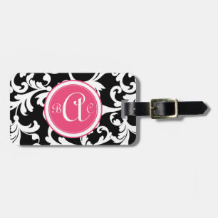 Pink and Black Monogrammed Damask Print Luggage Tag