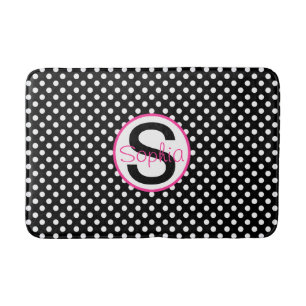Pink and Black, Name and Initial with Polka Dots Bath Mat