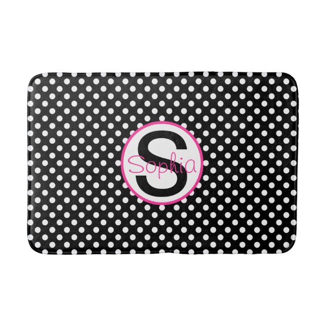 Pink and Black, Name and Initial with Polka Dots Bath Mat (Front)