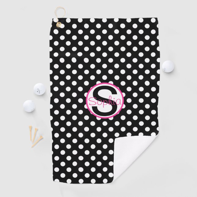 Pink and Black, Name and Initial with Polka Dots Golf Towel (InSitu)