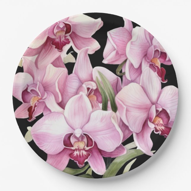 Pink and Black Orchids Wedding Paper Plate (Front)