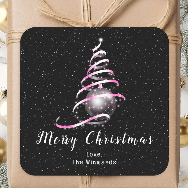 Pink and Black Ornament Merry Christmas Square Sticker (Creator Uploaded)