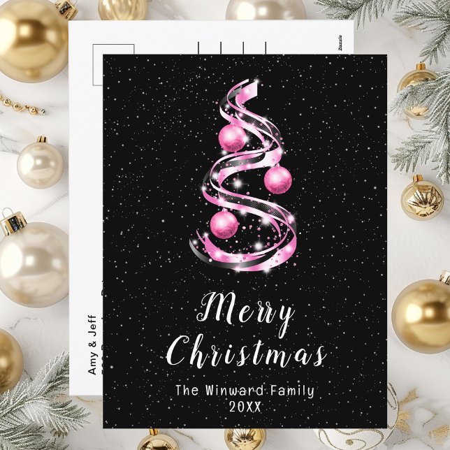 Pink and Black Ornaments Merry Christmas Holiday Postcard (Creator Uploaded)