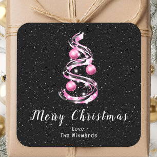 Pink and Black Ornaments Merry Christmas Square Sticker
