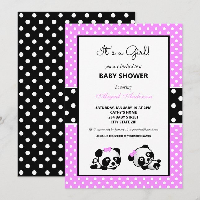 Pink and Black Panda Bear Baby Shower Invitation (Front/Back)