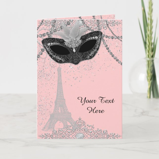 Pink and Black Paris Masquerade Party Card (Front)