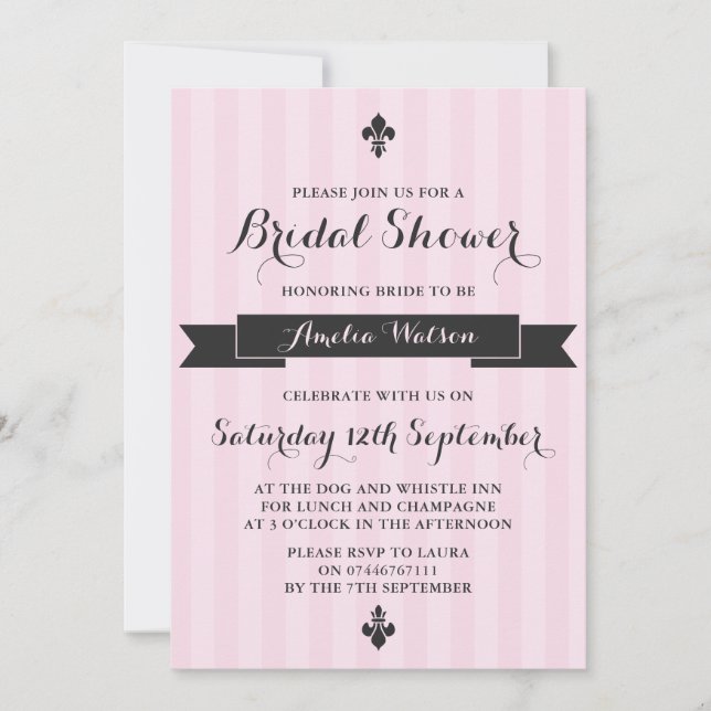 Pink and black Parisian bridal shower invitation (Front)