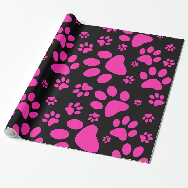Pink and Black Paw Prints Wrapping Paper (Unrolled)