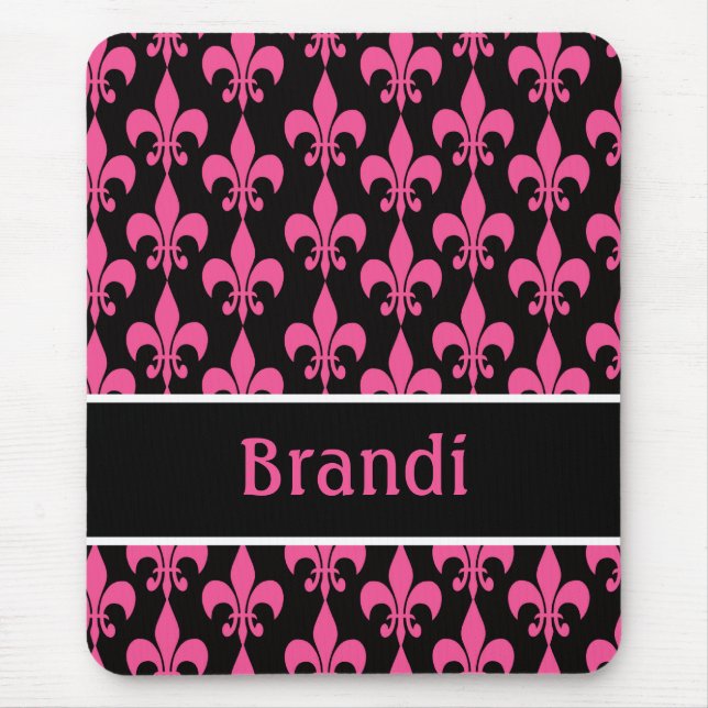 Pink and Black Personalised Fleur de Lis Mouse Mat (Front)