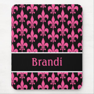 Pink and Black Personalised Fleur de Lis Mousepad