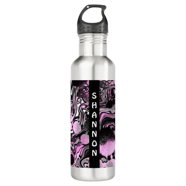 Pink and Black Personalised Marble Fluid Art    710 Ml Water Bottle (Front)