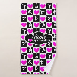 PINK AND BLACK PERSONALIZED GYMNAST DESIGN BATH TOWEL