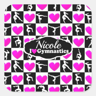 PINK AND BLACK PERSONALIZED GYMNAST DESIGN SQUARE STICKER