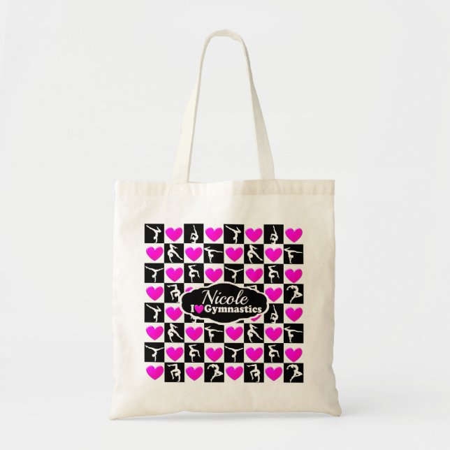 PINK AND BLACK PERSONALIZED GYMNAST DESIGN TOTE BAG (Front)