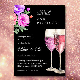 Pink and Black Petals and Prosecco Bridal Shower Invitation