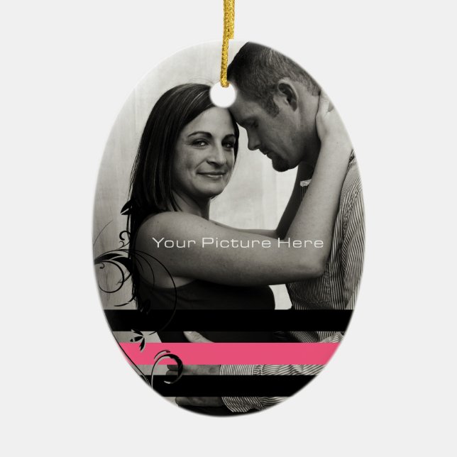Pink and Black Photo Engagement Ceramic Tree Decoration (Front)