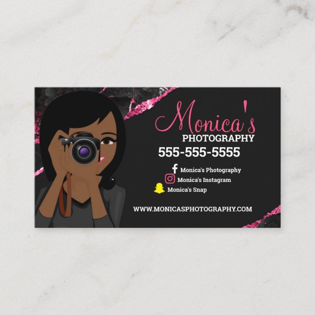 Pink and Black photographer lens Business card (Front)