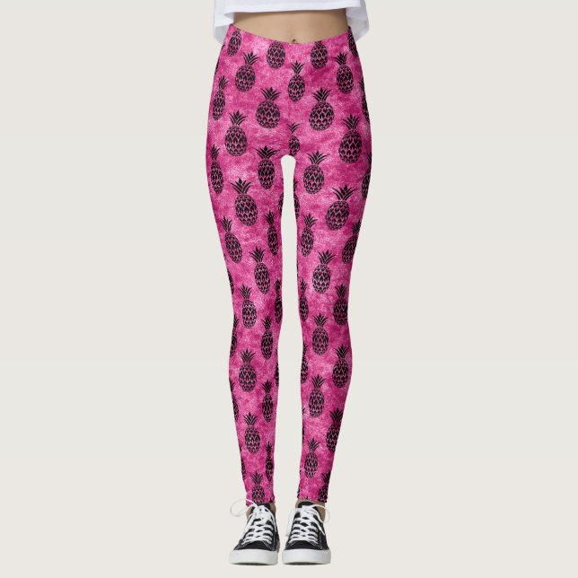 Pink and Black Pineapple Tropical Summer Leggings (Front)