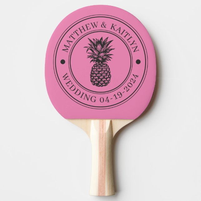 Pink and Black Pineapple Wedding Crest &Name Ping Pong Paddle (Front)