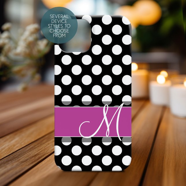 Pink and Black Polka Dot Pattern with Monogram (Personalized Phone Case with Monogram)
