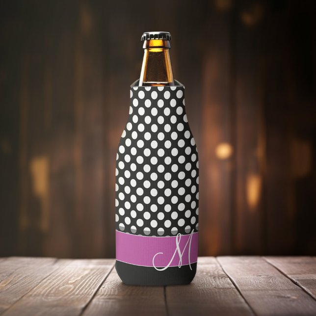 Pink and Black Polka Dot Pattern with Monogram Bottle Cooler (Personalized Bottle Cooler - Add Name or Custom Text)