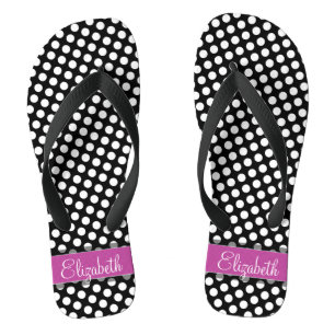 Pink and Black Polka Dot Pattern with Monogram Flip Flops