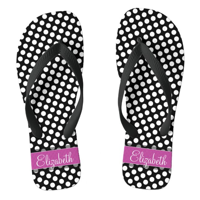 Pink and Black Polka Dot Pattern with Monogram Flip Flops (Footbed)
