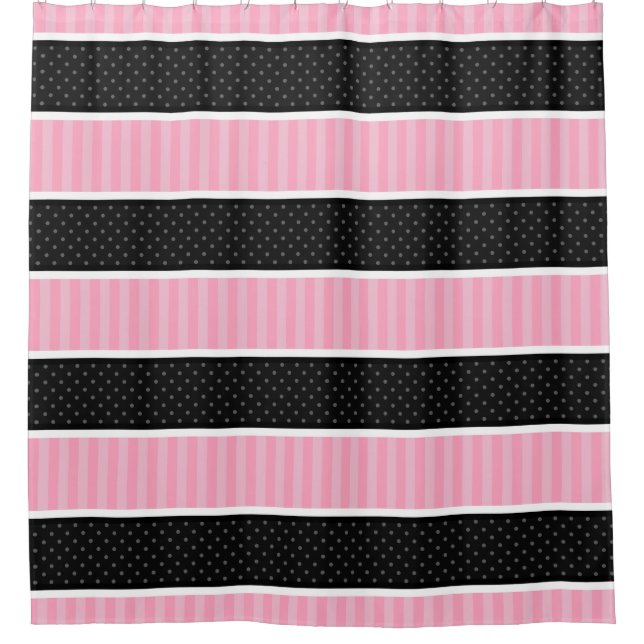 Pink and Black Polka Dot Stripes Pattern Shower Curtain (Front)