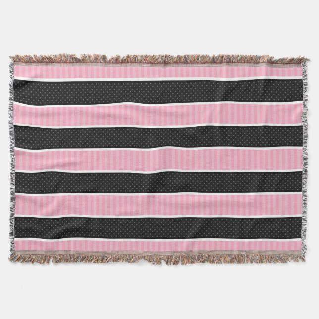 Pink and Black Polka Dot Stripes Pattern Throw Blanket (Front)
