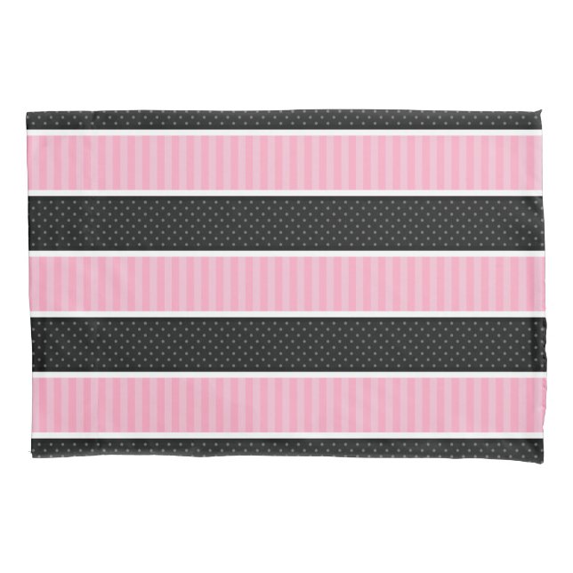 Pink and Black Polka Dot Stripes Pattern Throw Pillowcase (Front)