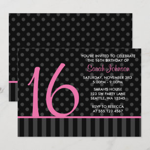 Pink and Black Polka Dot Stripes Sweet 16 Birthday Invitation