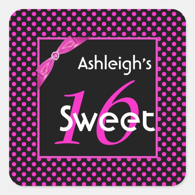 Pink and Black Polka Dot Sweet 16 Square Sticker (Front)