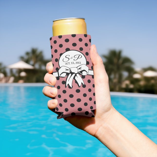 Pink and Black Polka Dot White Bow Personalised Seltzer Can Cooler (In Situ Pool)