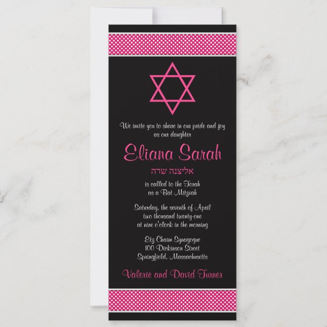 Pink and Black Polka Dots Bat Mitzvah Invitation (Front)
