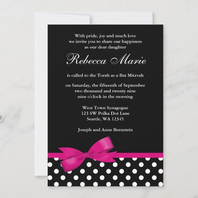 Pink and Black Polka Dots Bow Bat Mitzvah Invitation (Front)