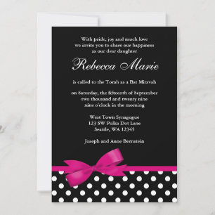 Pink and Black Polka Dots Bow Bat Mitzvah Invitation