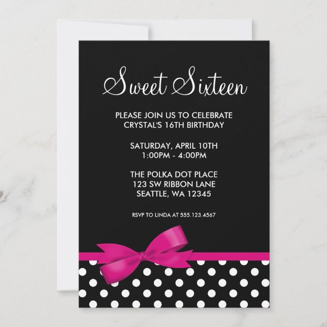 Pink and Black Polka Dots Bow Sweet 16 Birthday Invitation (Front)